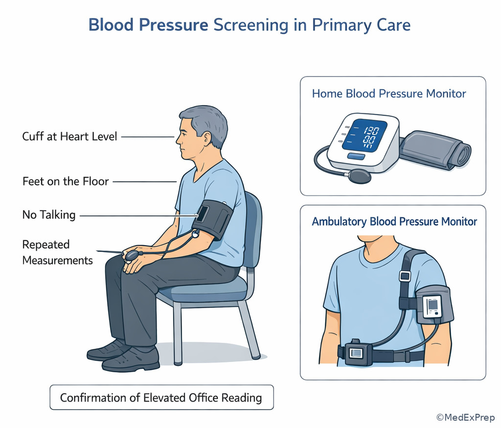 Blood pressure screening and confirmation setup