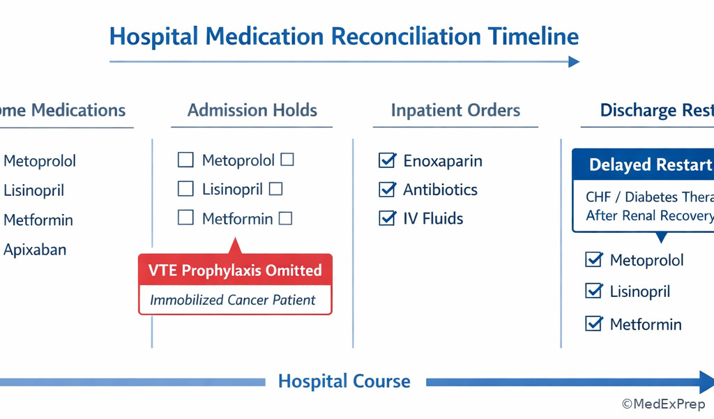 Hospital transition medication list showing omitted prophylaxis and chronic therapy restart points