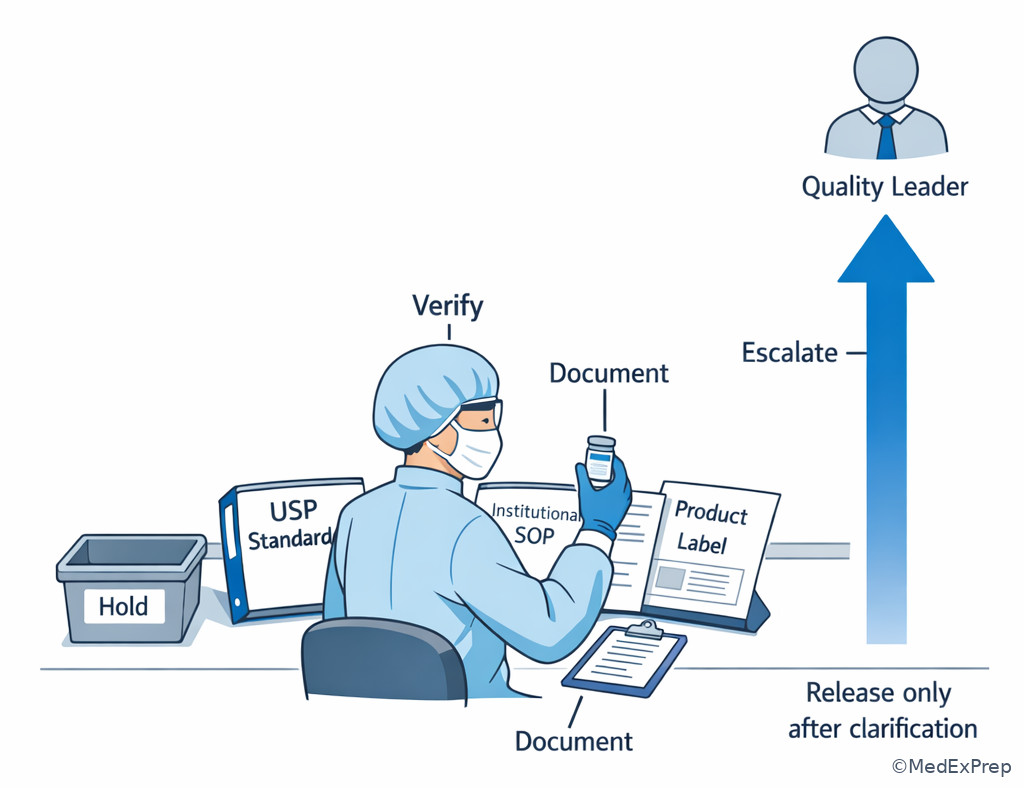 Conflict response workflow in a sterile compounding pharmacy