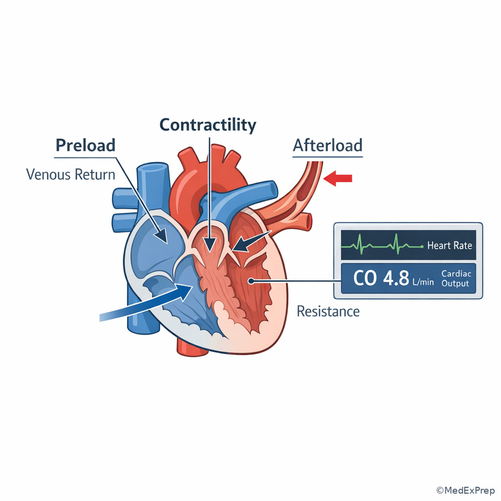 Cardiac pump schematic with preload, afterload, and contractility labels