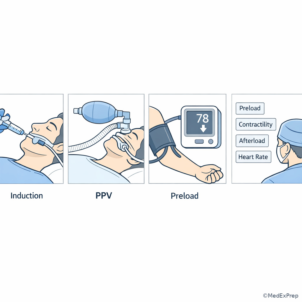 Anesthesia room sequence showing induction to low-flow physiology clues