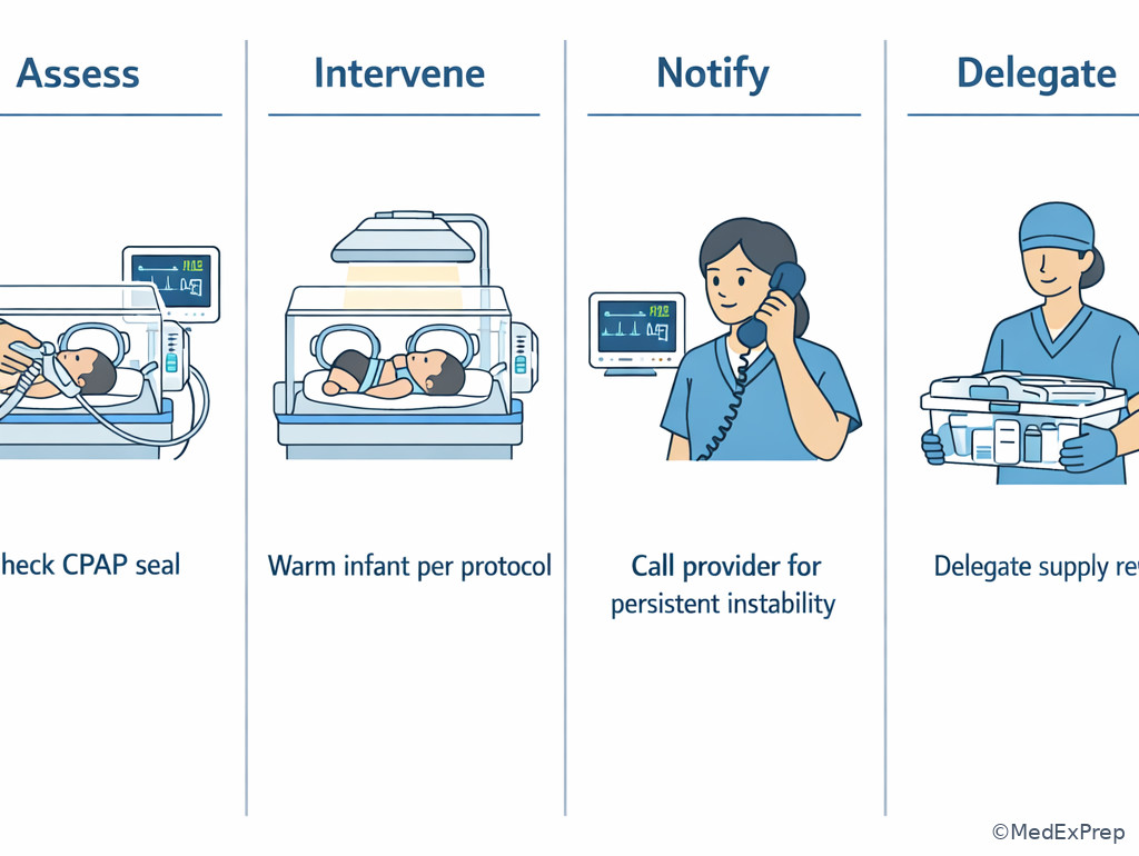 Visual comparison of assess, intervene, notify, and delegate in NICU care