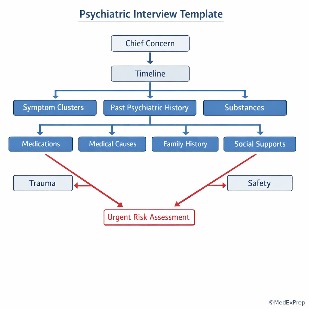 Structured psychiatric interview template with branching priorities