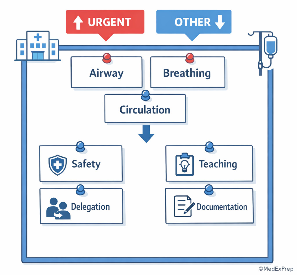 Nursing prioritization cue board with airway circulation safety labels
