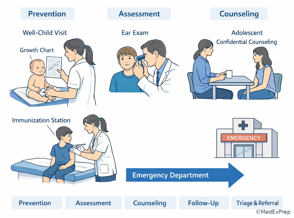 Outpatient pediatric primary care workflow illustration