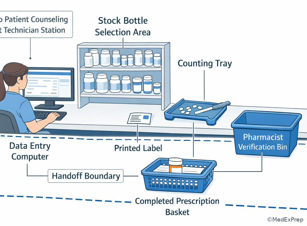 Technician workstation with handoff bins