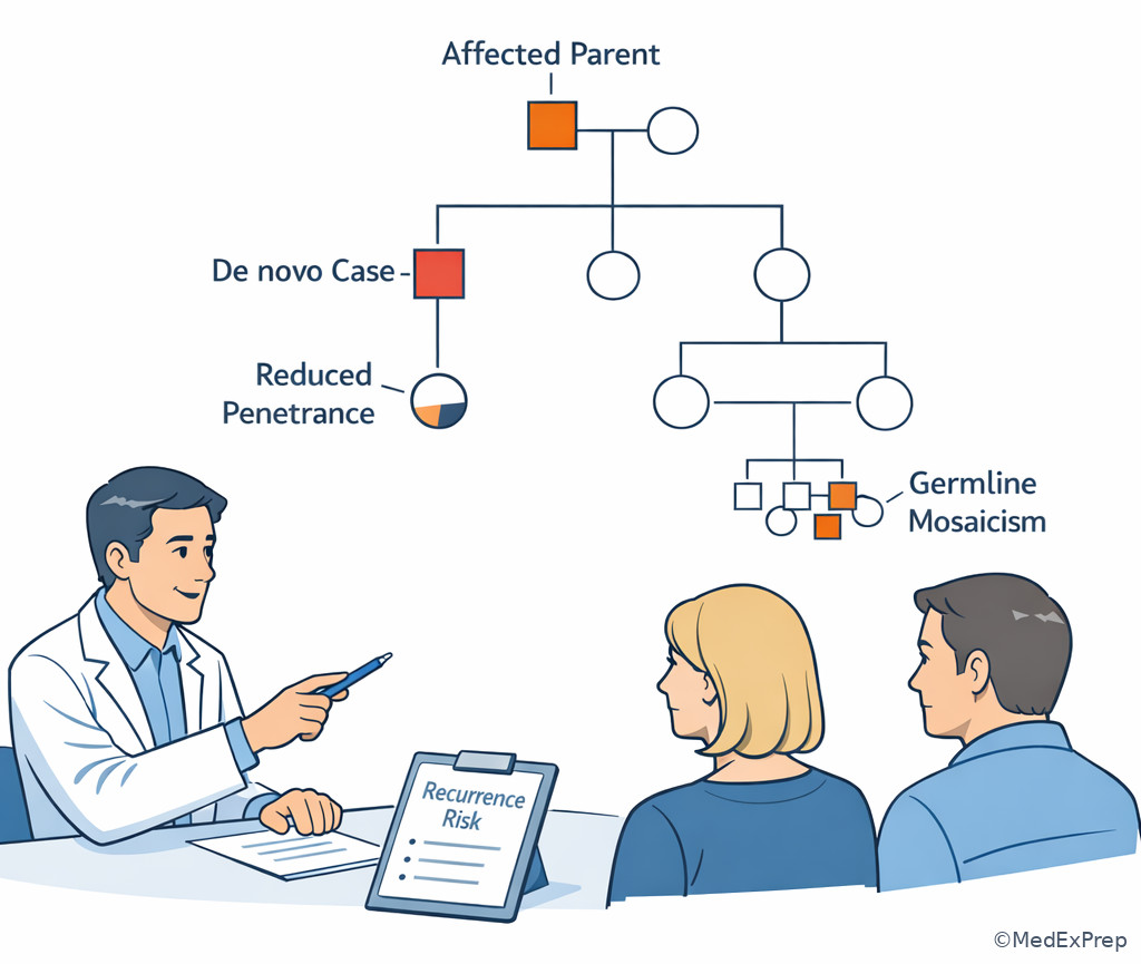 Genetics counseling illustration showing recurrence-risk discussion with three-generation pedigree notes