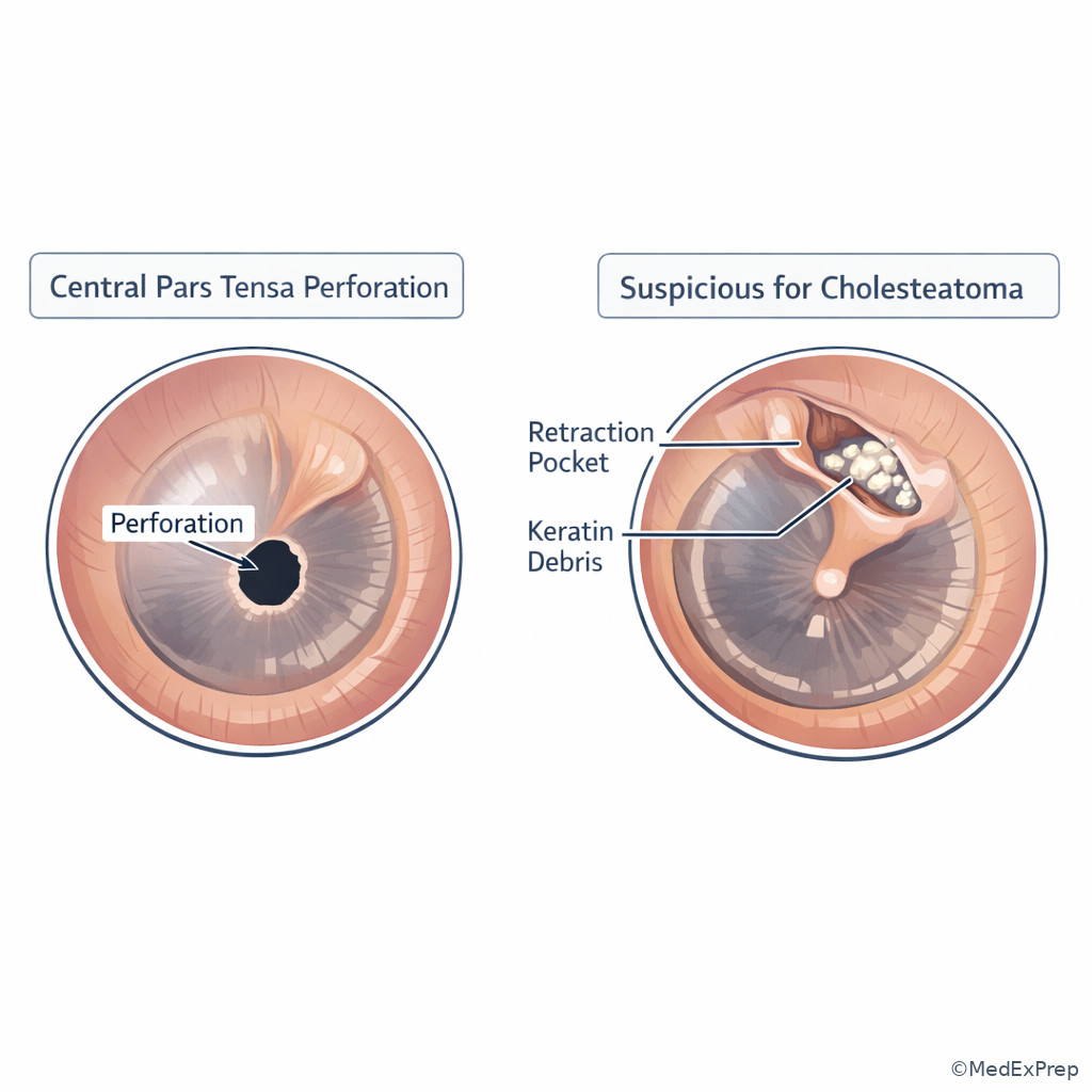 Retraction pocket versus central perforation comparison
