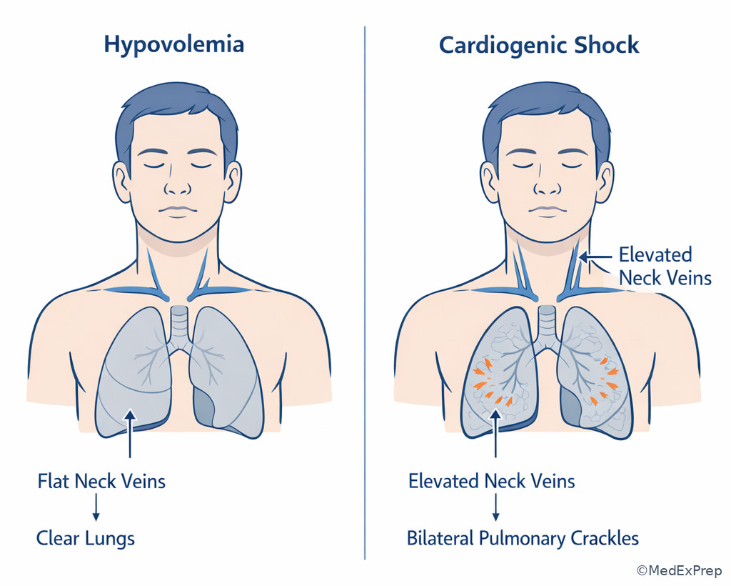 Jugular venous pressure and lung exam comparison
