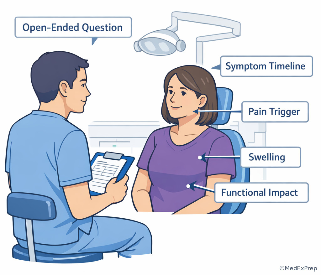 Patient interview positioning for dental chief complaint intake