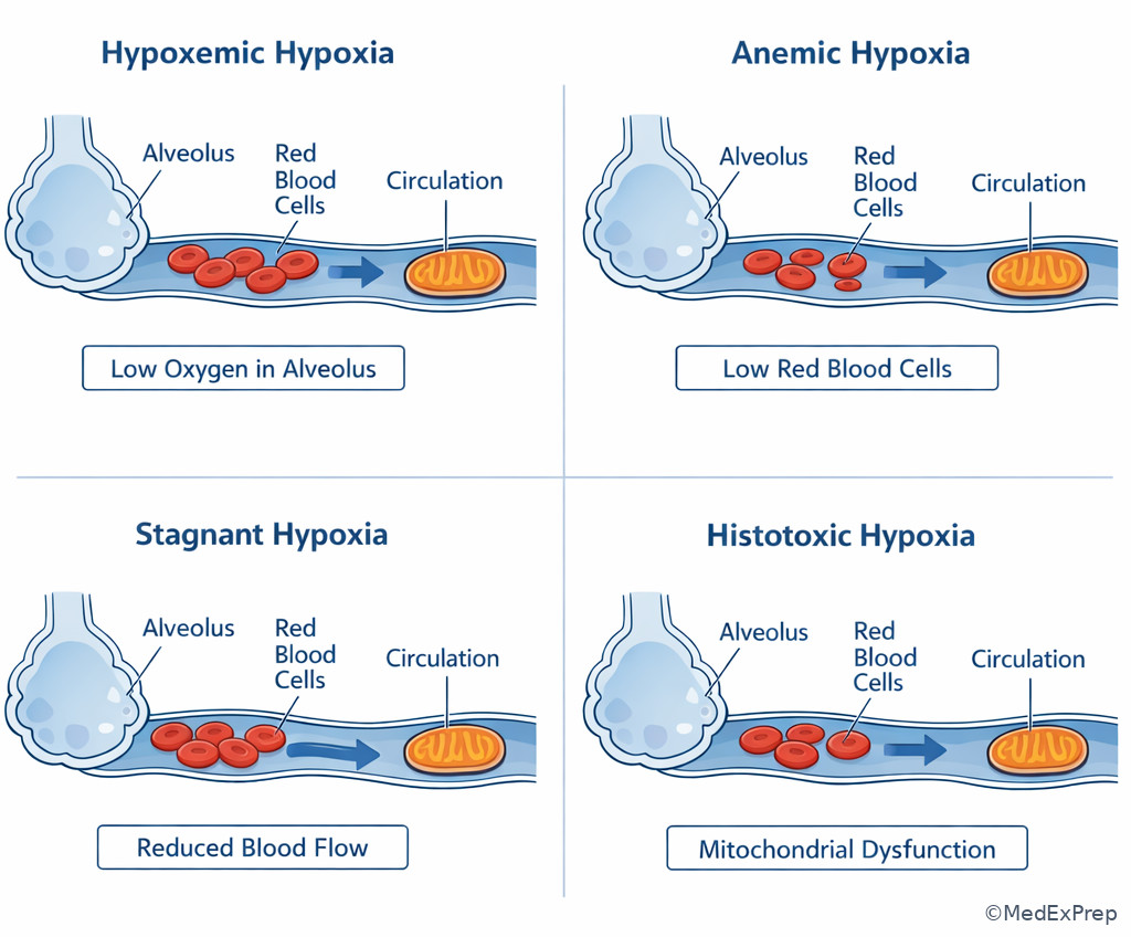 Comparison illustration of hypoxemic, anemic, stagnant, and histotoxic hypoxia