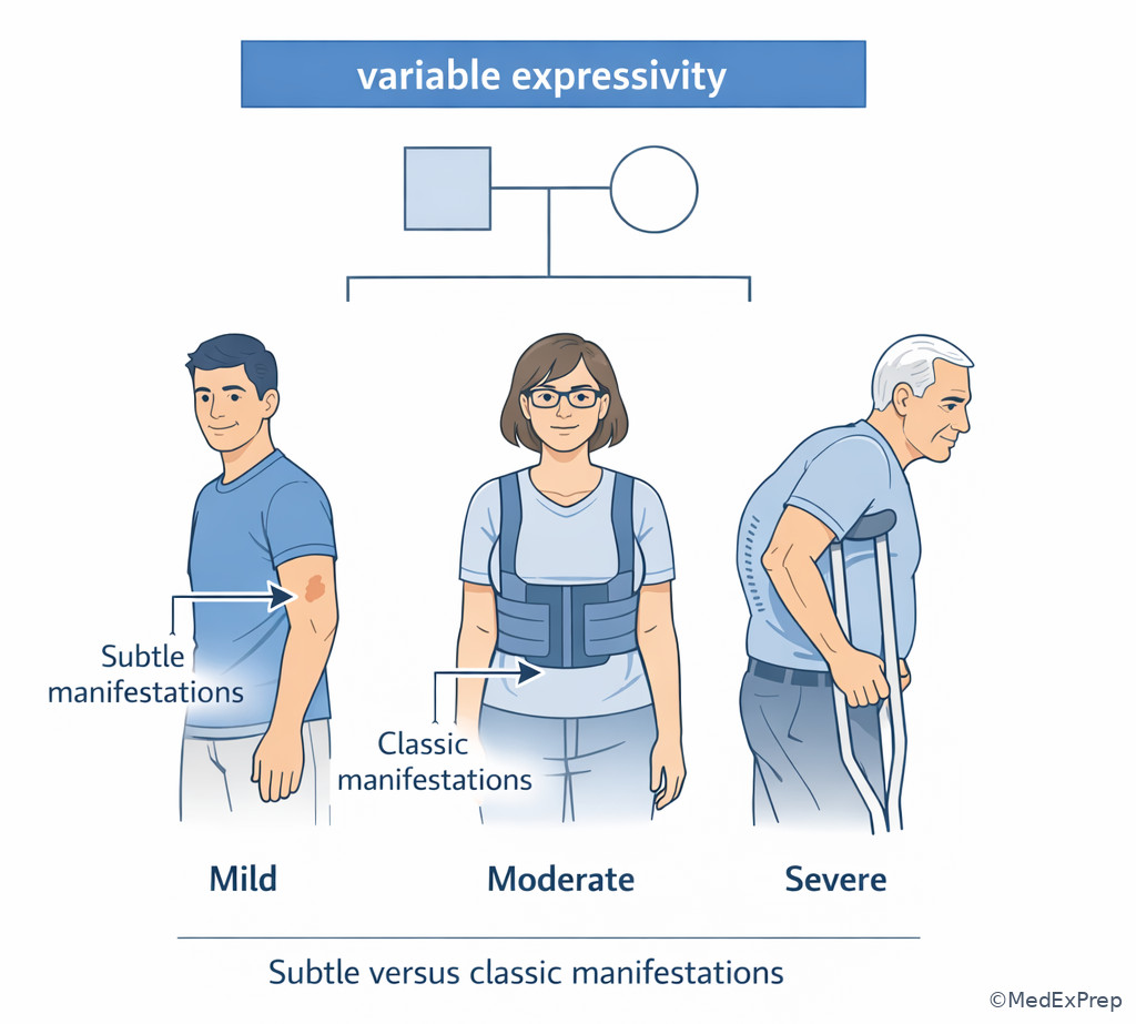 Three-panel family phenotype illustration showing mild moderate and severe expression of the same dominant disorder
