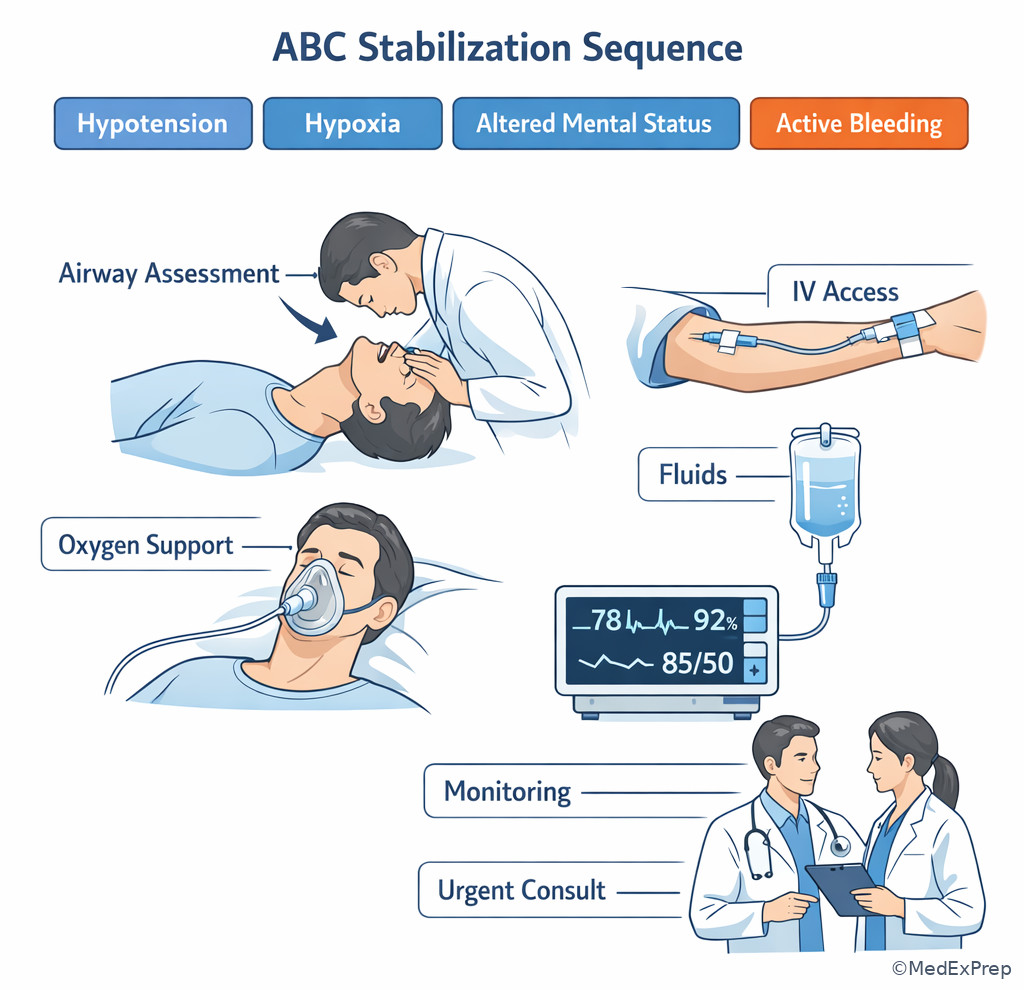 Emergency stabilization sequence with airway breathing circulation emphasis