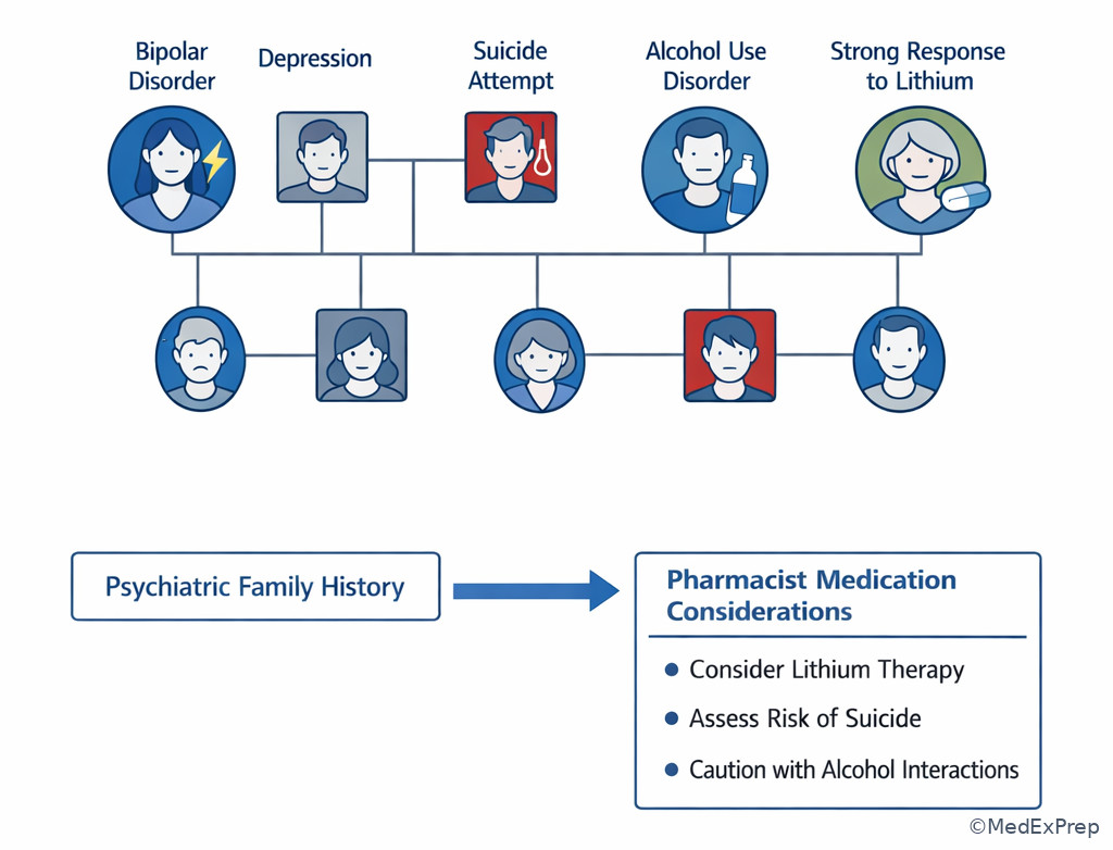 Family history and medication response pedigree concept illustration