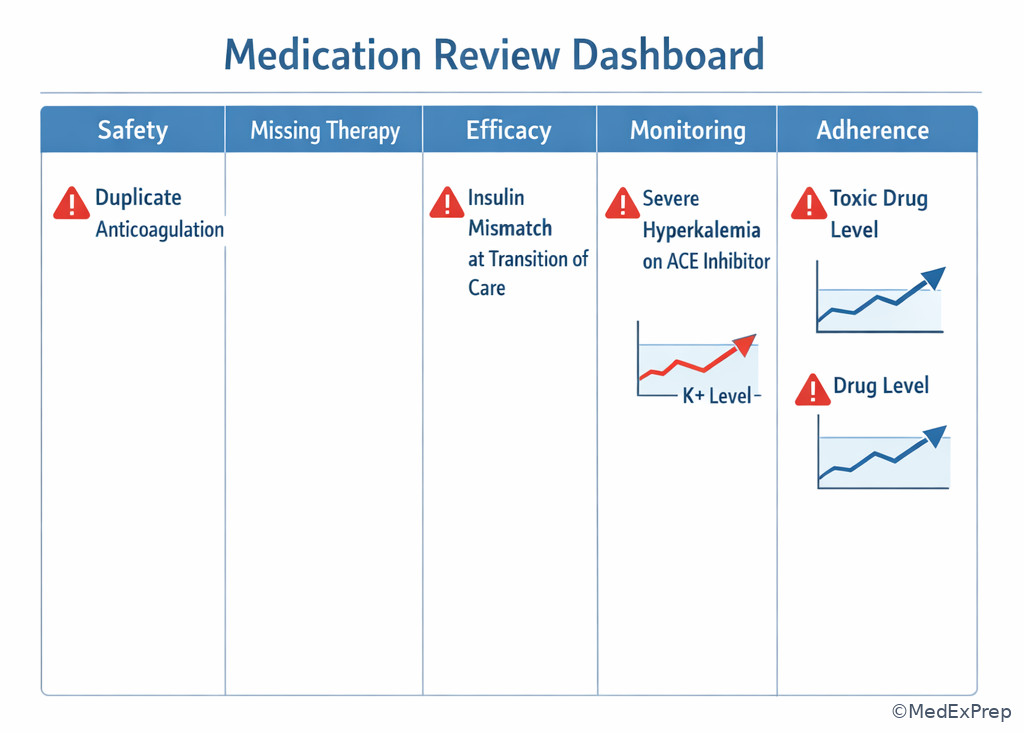 Medication review dashboard with red-flag priority sorting