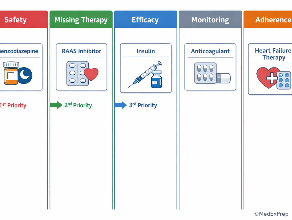 Polypharmacy ranking board with safety, omission, efficacy, and monitoring lanes