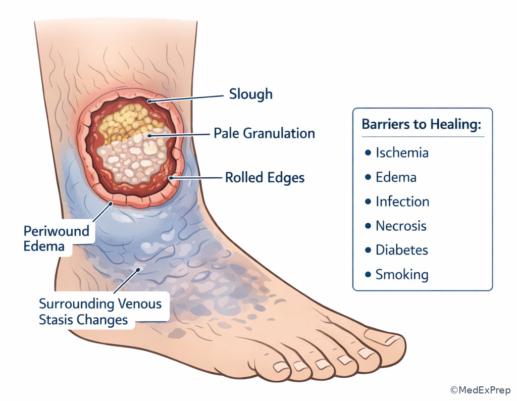 Chronic wound bed with slough, edema, and poor granulation