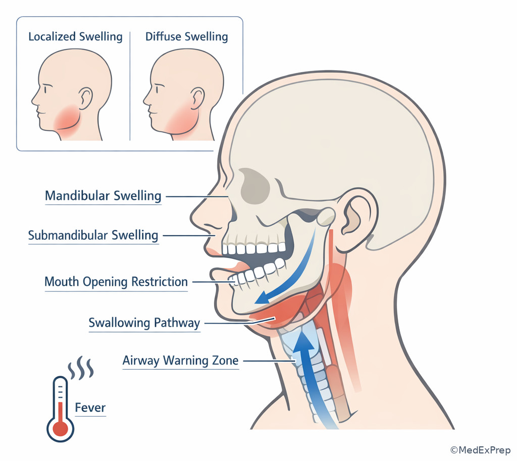 Dental red-flag symptom illustration with face and airway cues