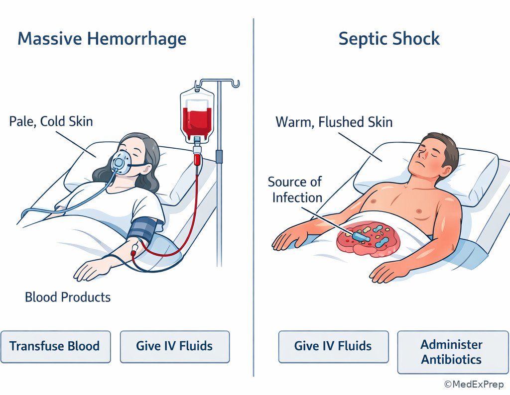Massive hemorrhage versus distributive shock comparison
