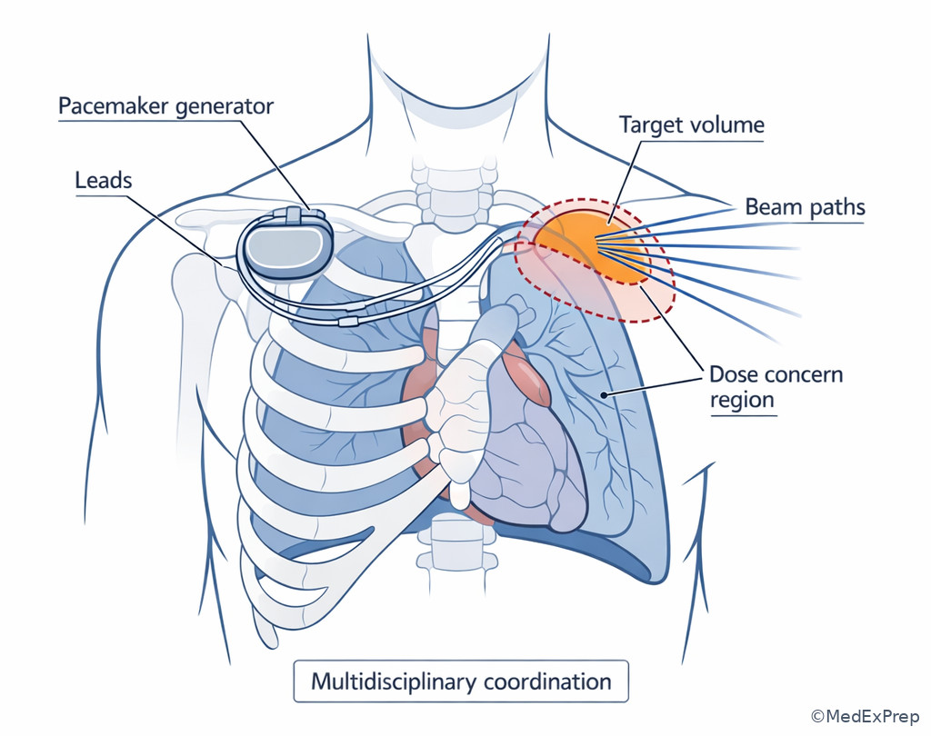 Implanted device near treatment field