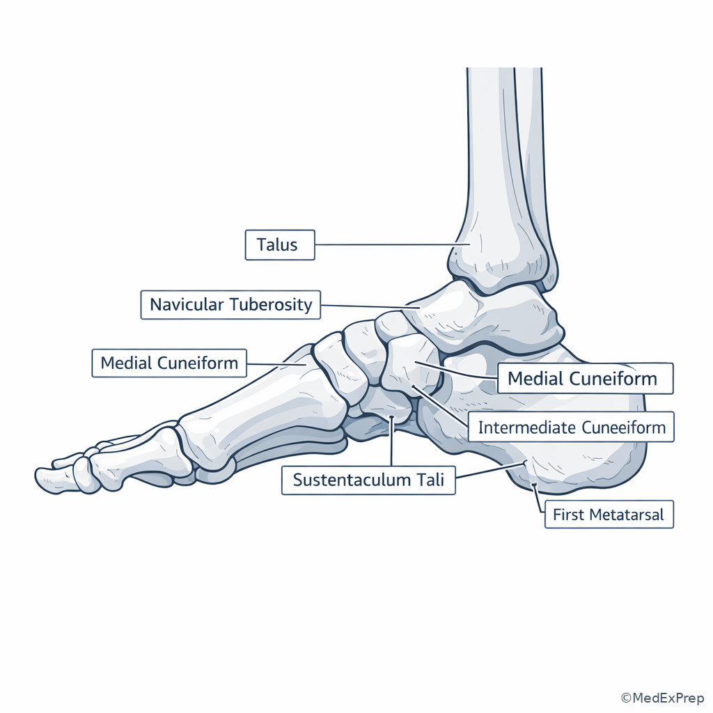 Medial foot illustration highlighting talus, navicular, cuneiforms, and sustentaculum tali