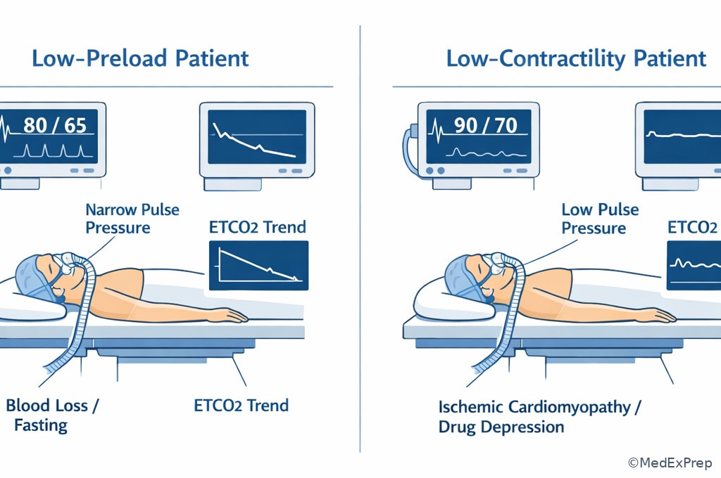 Comparison image of low preload versus low contractility bedside clues