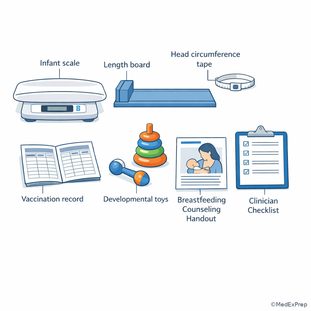 Labeled infant well-visit room setup