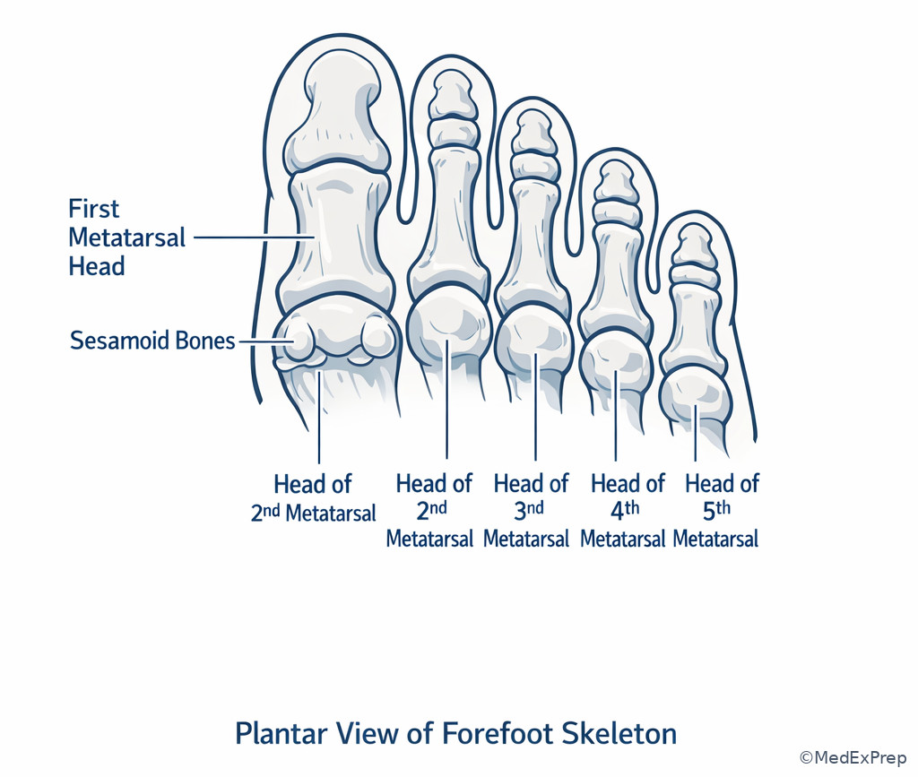 Plantar forefoot illustration with first metatarsal sesamoids and metatarsal heads