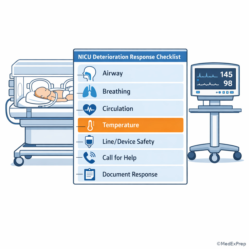 Labeled bedside deterioration checklist for neonatal nursing response