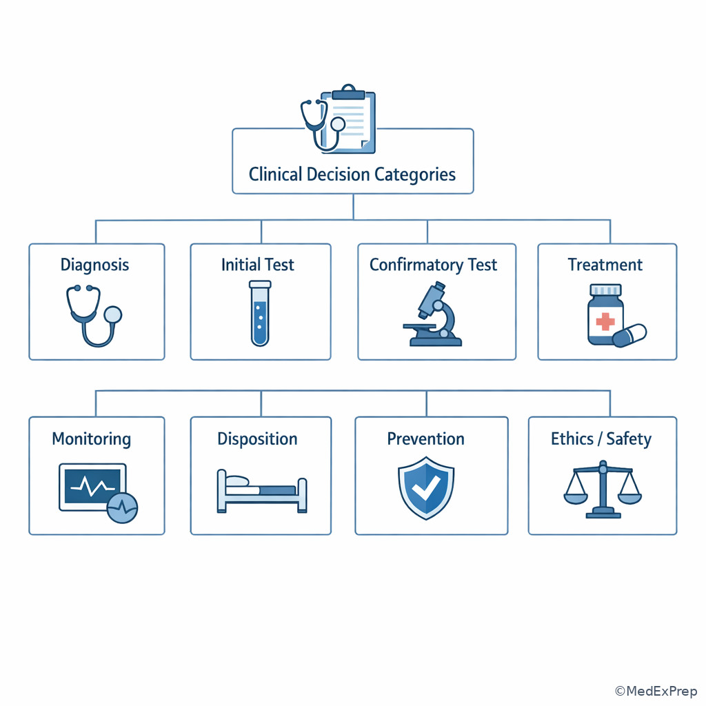 Clinical decision categories displayed as branching cards