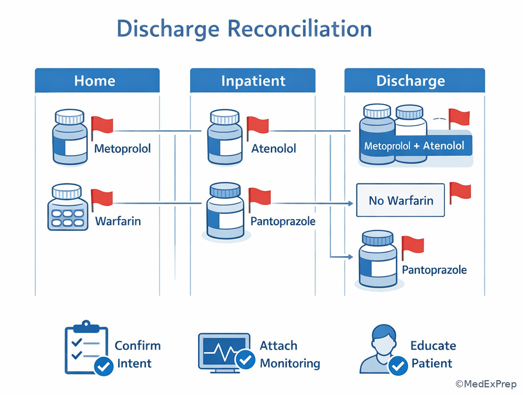 Discharge reconciliation risk image with duplicate therapy and omitted therapy flags