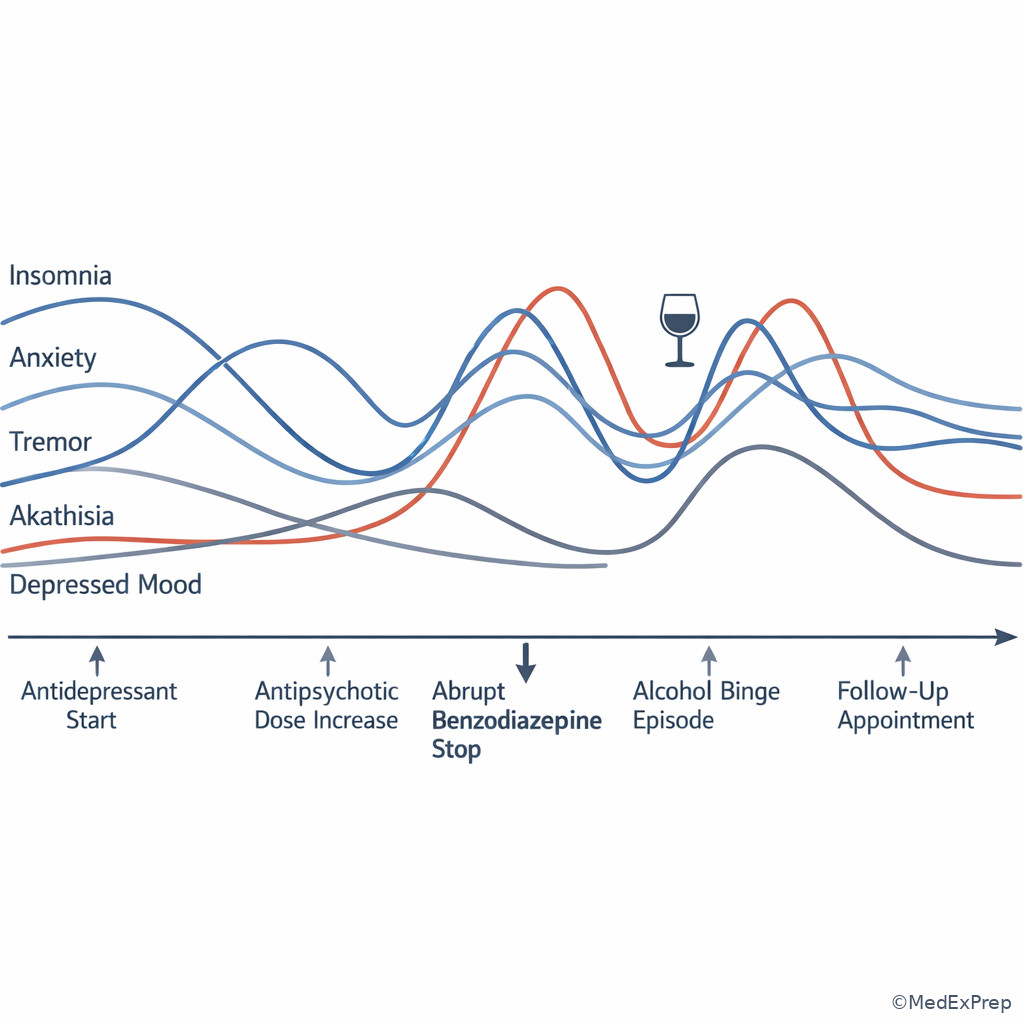 History timeline with symptom peaks and medication changes