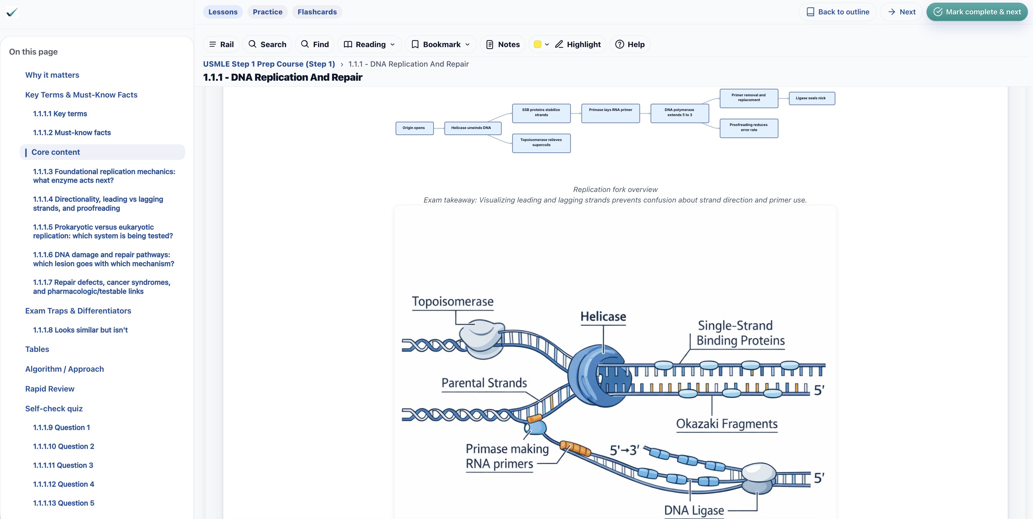 MedExPrep lesson interface showing structured chapter navigation